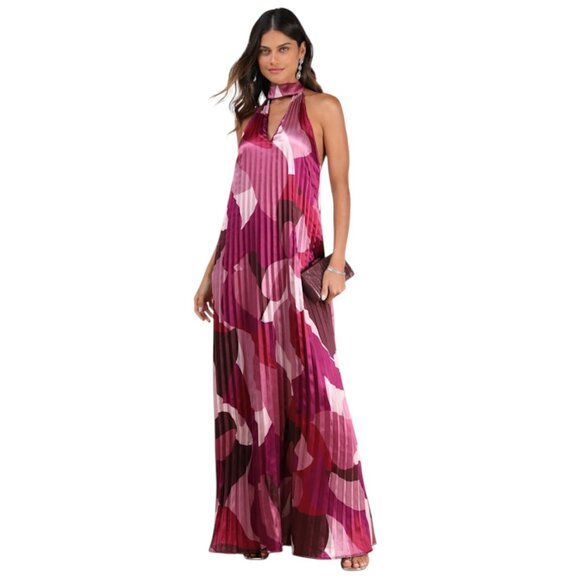 Lulus Pink Print Pleated Satin Halter Maxi Dress NWT Size XS Wedding Guest Dress - Picture 1 of 11